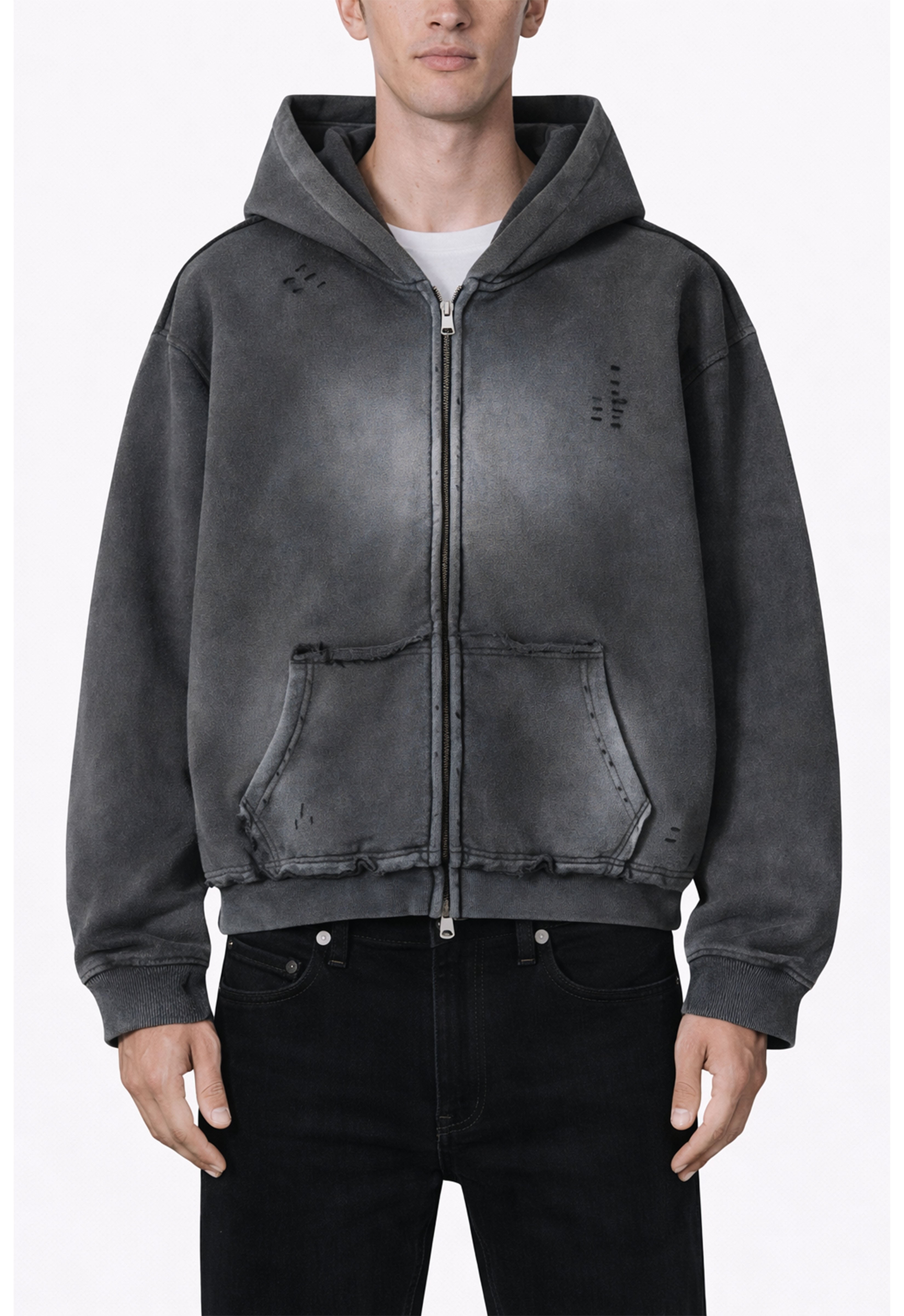 CHARCOAL DISTRESSED ZIP HOODIE